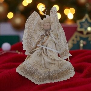 Vintage Elegant Clothespin Gold and Cream Holiday Angel Ornament Metal Clasp